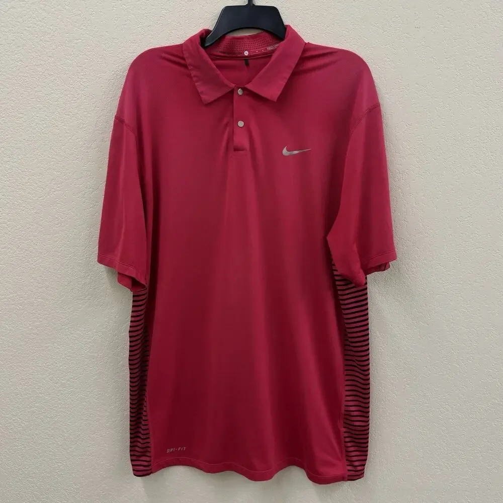 Nike Golf Tiger Woods Collection Polo Mens L Red Black Stripe Dri-Fit